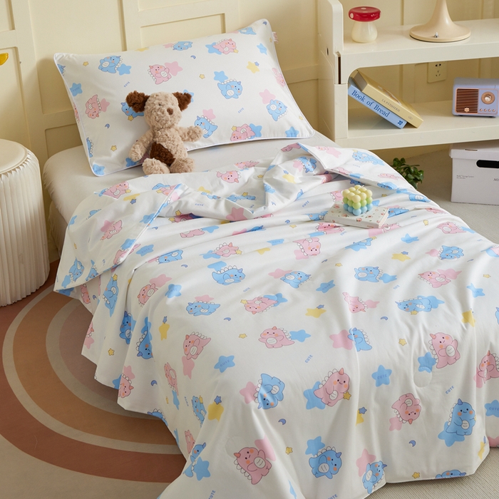 91家纺网 家纺一手货源 找家纺 ds生活馆 2025新款儿童学生纯棉精梳棉系列单夏被 星星恐龙白