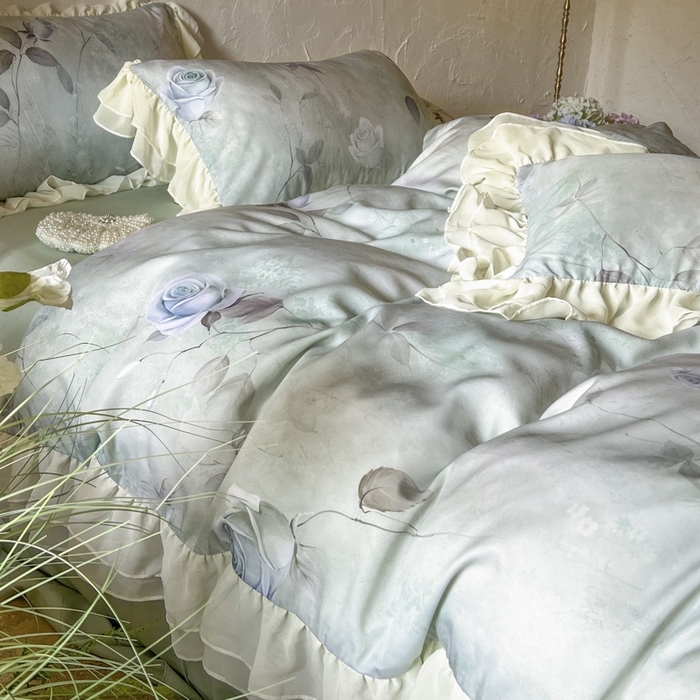 91家纺网 家纺一手货源 找家纺 亲亲公主 2025新款莱赛尔天丝棉玫瑰之恋四件套 玫瑰之恋一绿色