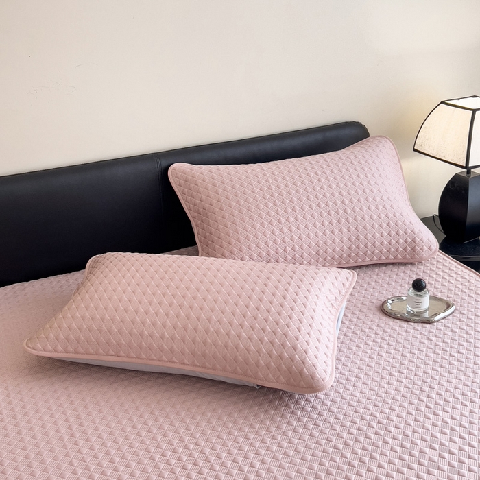 91家纺网 家纺一手货源 找家纺 席世家 2025新款凉感席冰豆豆席子三套件凉席床笠 小方格芙蓉粉-床笠款