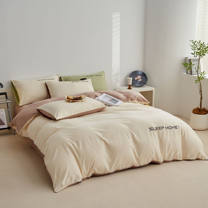 91家纺网 家纺一手货源 找家纺 恋之语 2025新款110克麻绳双拼刺绣四件套 米黄+浅咖