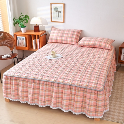 乐逸家纺 2025新品全棉色织床裙 柔粉格