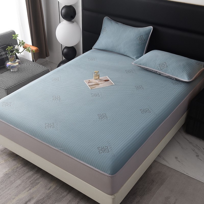 91家纺网 家纺一手货源 找家纺 绒多多 2025新款A类凉感冰豆豆席子凉席床笠款 雾霾蓝