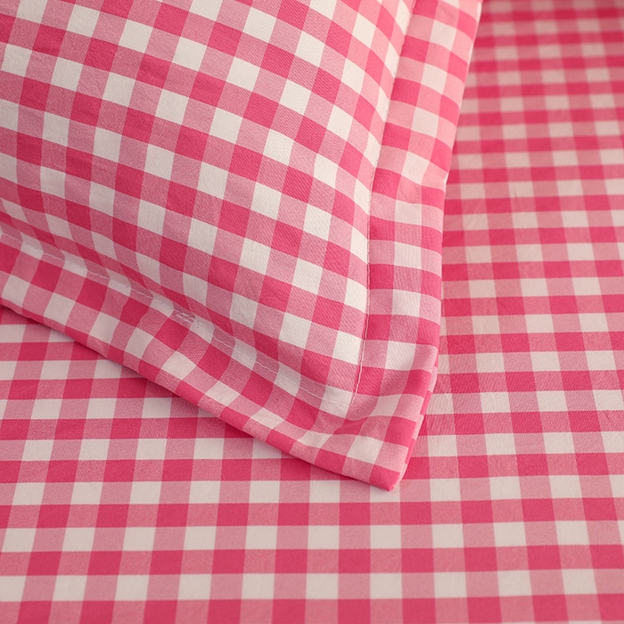 91家纺网 家纺一手货源 找家纺 绒多多 2025新款简约水洗棉色织床笠 深红小格