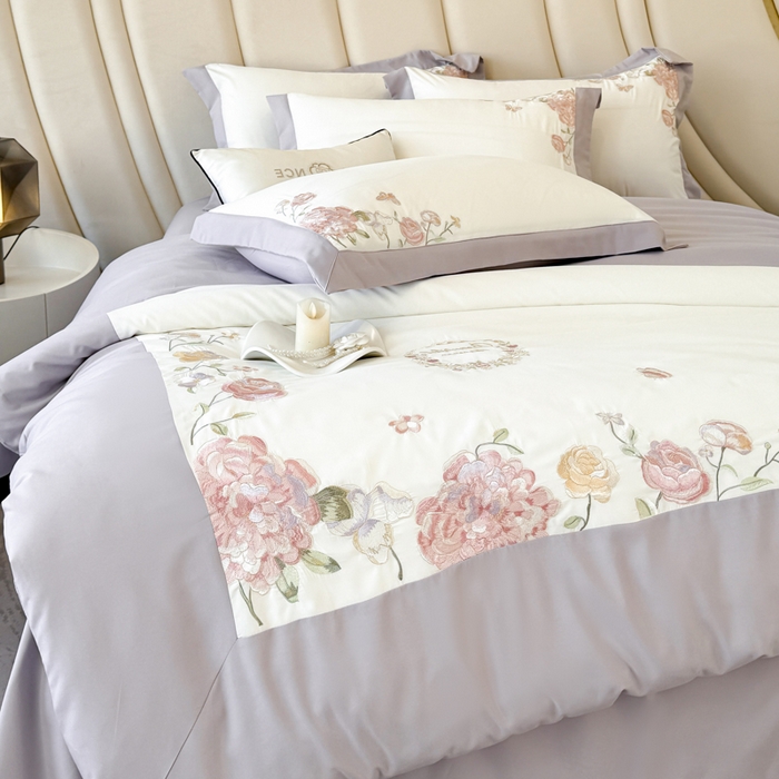 91家纺网 家纺一手货源 找家纺 恋之语 2025新款水洗棉刺绣四件套-伊莉莎 伊莉莎-灰紫