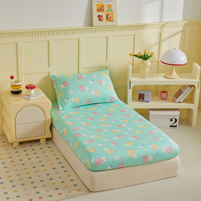 91家纺网 家纺一手货源 找家纺 ds生活馆 2025新款儿童纯棉精梳棉系列单床笠 星星恐龙绿