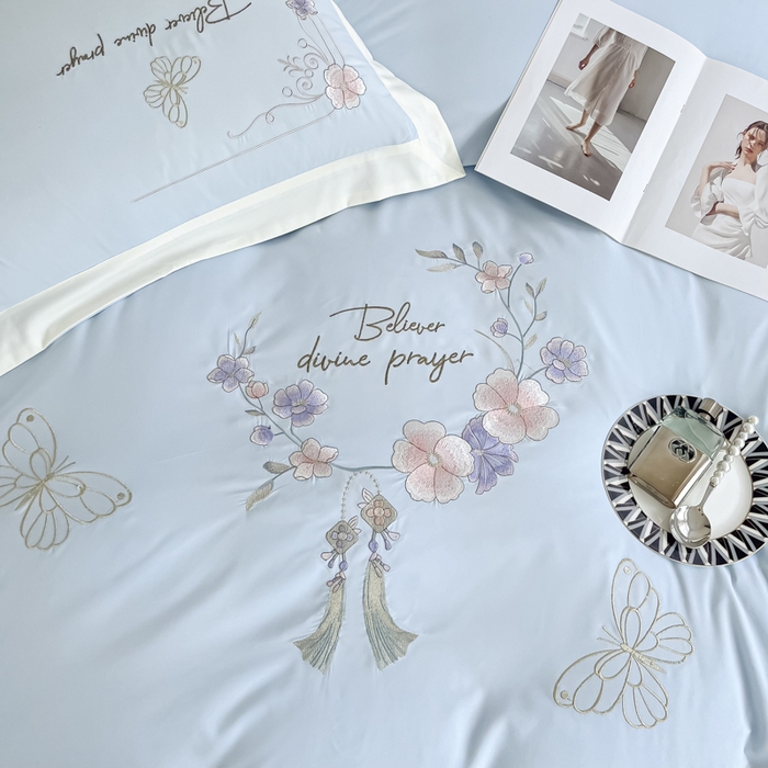 91家纺网 家纺一手货源 找家纺 恋之语 2025新款水洗棉刺绣四件套-锦绣花 锦绣花-天蓝