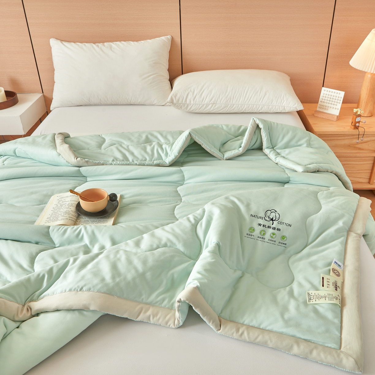 91家纺网 家纺一手货源 找家纺 易博家纺 2025新款格子纯色水洗棉无印风百分百新疆棉花夏被夏凉被被子被芯 冰激凌绿