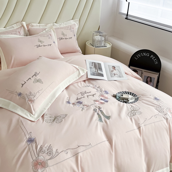 91家纺网 家纺一手货源 找家纺 恋之语 2025新款水洗棉刺绣四件套-锦绣花 锦绣花-浅粉