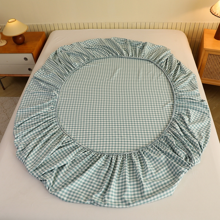 91家纺网 家纺一手货源 找家纺 绒多多 2025新款简约水洗棉色织床笠 绿小格