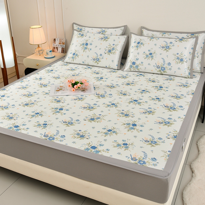 91家纺网 家纺一手货源 找家纺 简一 2025新款A类碳光印花数码冰丝凉席系列-床笠款 浪漫花影