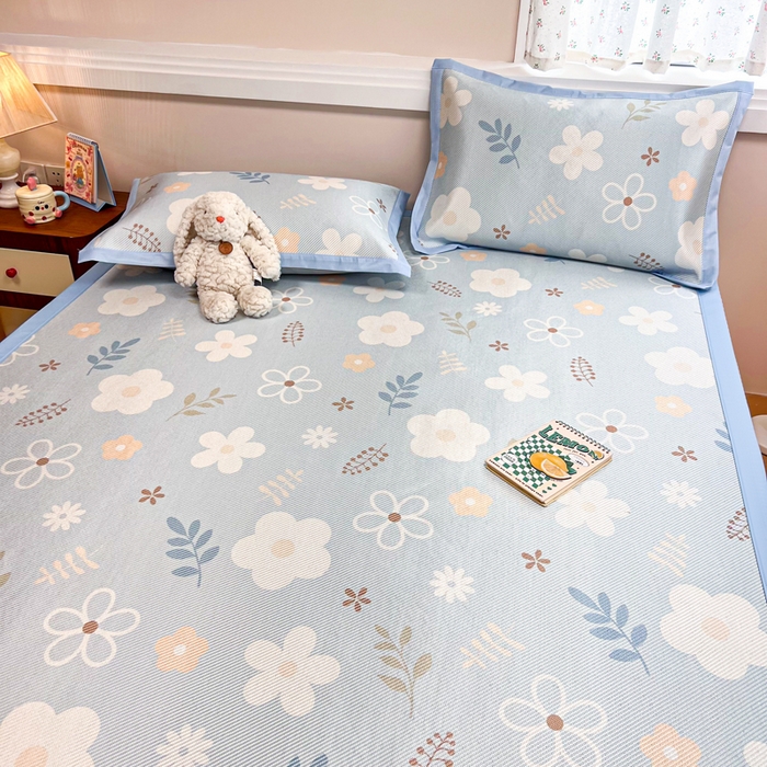 91家纺网 家纺一手货源 找家纺 慕尚家纺 2025新款数码印花床席床笠款冰藤席 床席款-花朵蓝