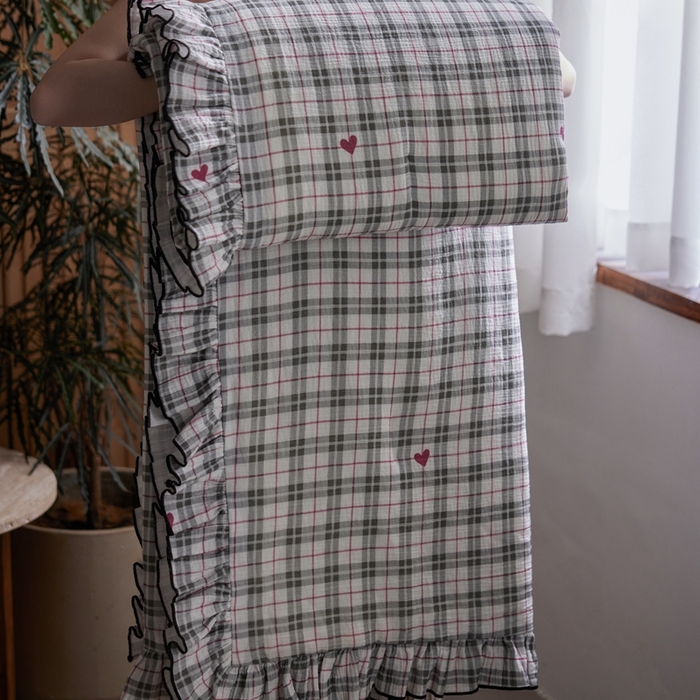 91家纺网 家纺一手货源 找家纺 安莱生活 2025新款全棉精梳棉双层纱绉纱数码印花夏凉被 海派甜心-灰  夏被