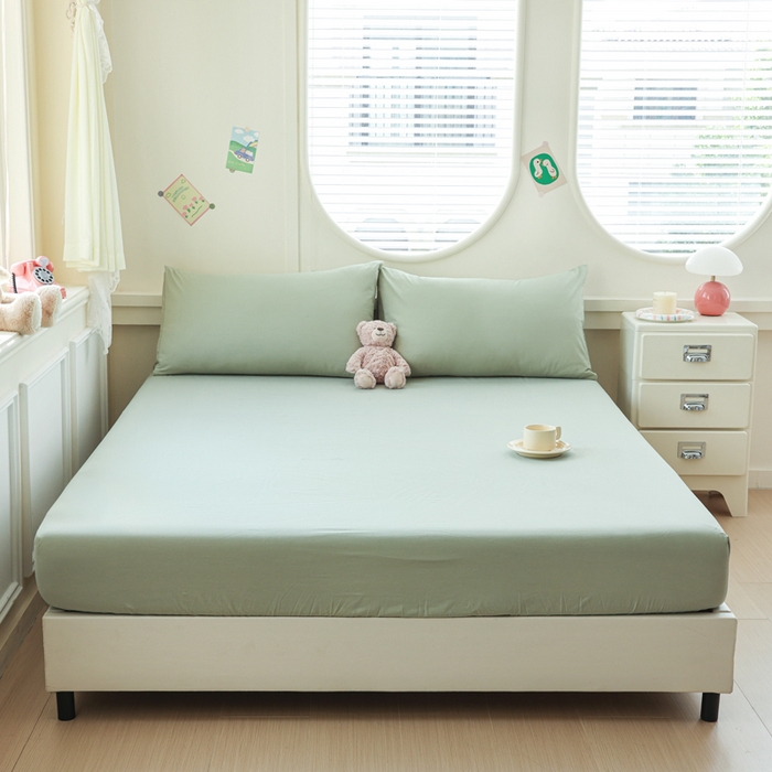 91家纺网 家纺一手货源 找家纺 2025新款全棉A类简约素色水洗棉纯棉单床笠 薄荷绿