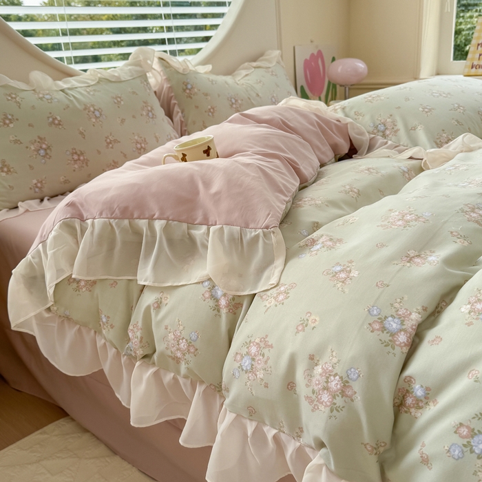 91家纺网 家纺一手货源 找家纺 苏拉家居 2025新款雪纺花边云感提花针织双层纱四件套 茶里茶气