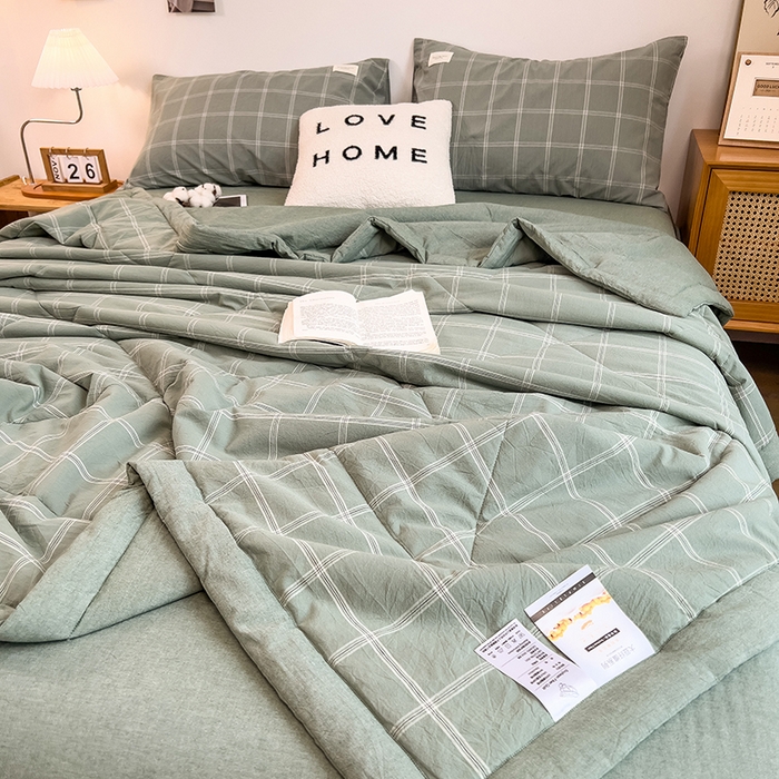 91家纺网 家纺一手货源 找家纺 宝士康家纺 2025新款10A抗菌无印风夏被四件套 格韵绿