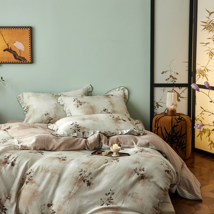 91家纺网 家纺一手货源 找家纺 安莱生活 2025新款全棉精梳棉双层纱绉纱数码印花四件套 云屿间-咖