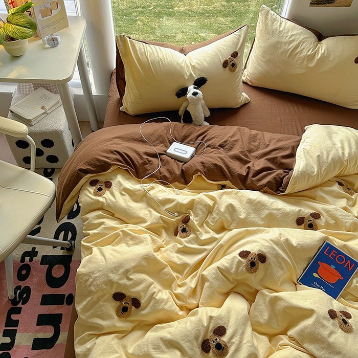 91家纺网 家纺一手货源 找家纺 耀达家居 2025新款A类水洗棉毛巾绣四件套 掌门狗-奶酪