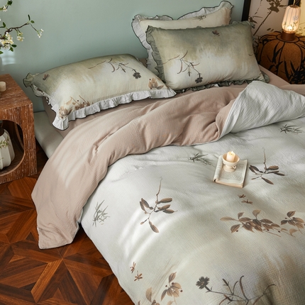 安莱生活 2025新款全棉精梳棉双层纱绉纱数码印花四件套 云屿间-咖