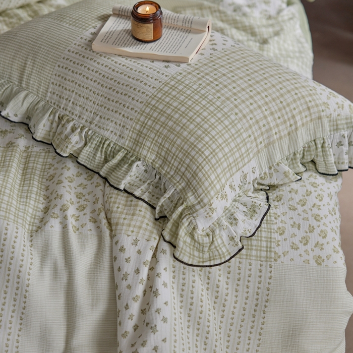 91家纺网 家纺一手货源 找家纺 安莱生活 2025新款全棉精梳棉双层纱绉纱数码印花四件套 百家布-绿