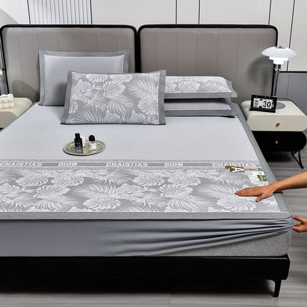 91家纺网 家纺一手货源 找家纺 小牛席业2025新款PE半定位大提花凉感冰丝系列（床笠款）凉席藤席冰藤席冰丝席草席竹席乳胶席凉感豆豆席 灰色