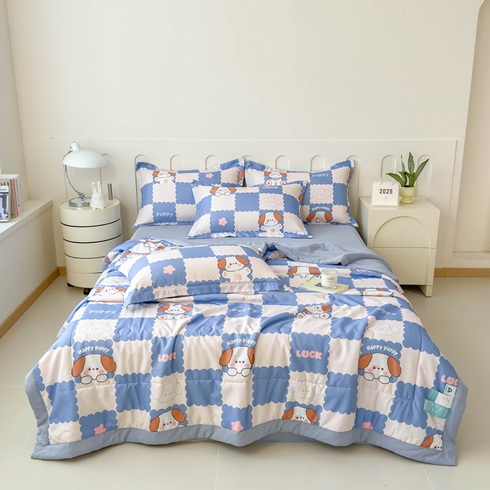 91家纺网 家纺一手货源 找家纺 宝士康家纺 2025新款10A抗菌针织夏被四件套 嗨皮狗狗