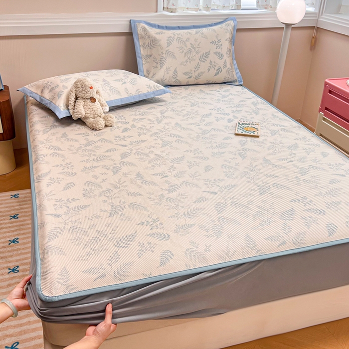 91家纺网 家纺一手货源 找家纺 慕尚家纺 2025新款数码印花床席床笠款冰藤席 床笠款-土豆叶