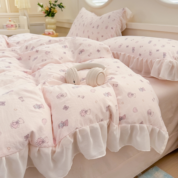 91家纺网 家纺一手货源 找家纺 苏拉家居 2025新款雪纺花边云感提花针织双层纱四件套 宠你