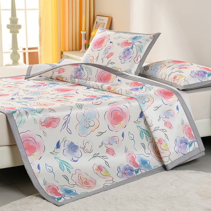 91家纺网 家纺一手货源 找家纺 简一 2025新款A类碳光印花数码冰丝凉席系列-床单款 玫瑰乐园