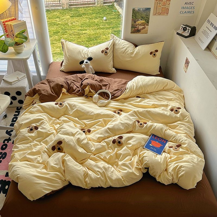 91家纺网 家纺一手货源 找家纺 耀达家居 2025新款A类水洗棉毛巾绣四件套 掌门狗-奶酪