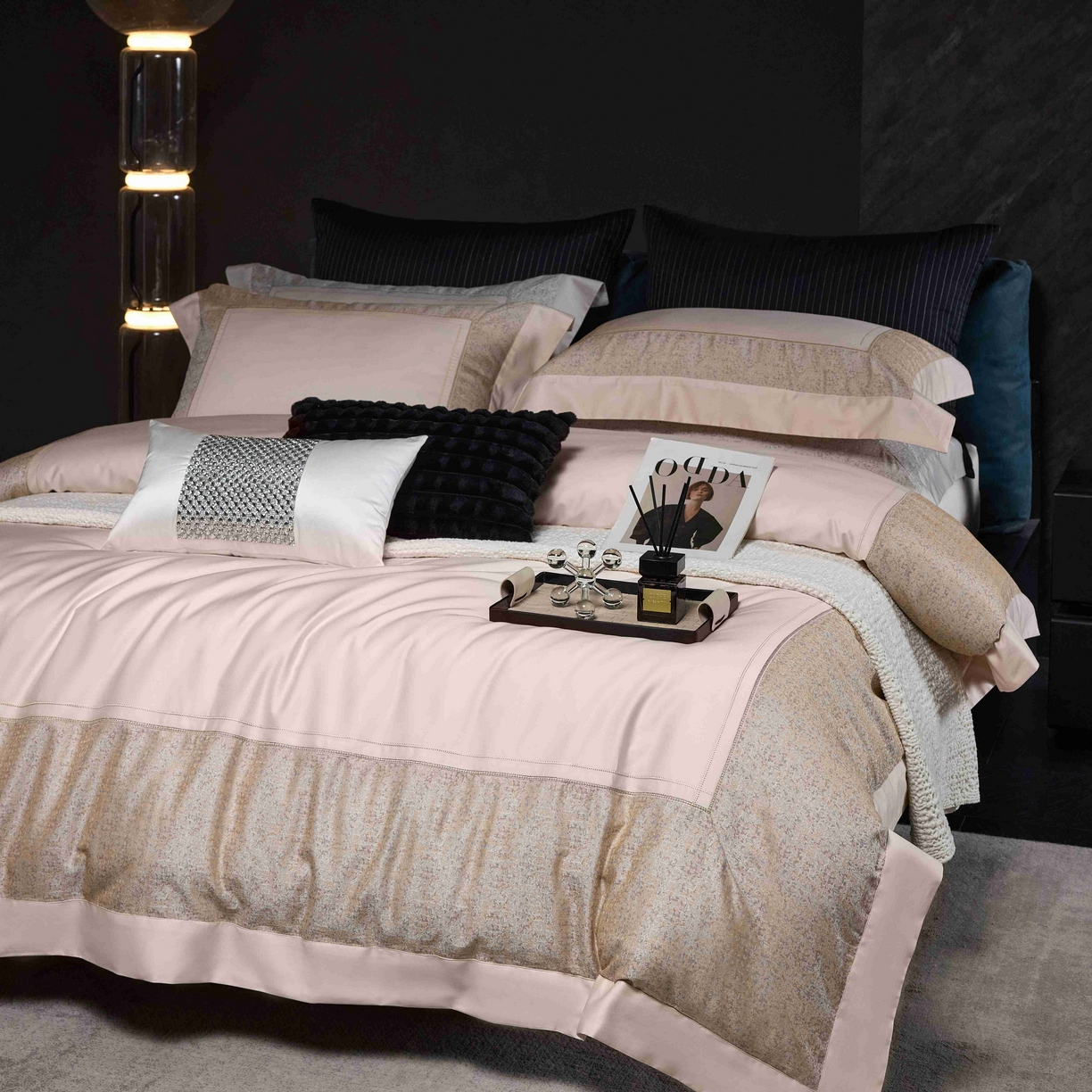 91家纺网 家纺一手货源 找家纺 榻尚家居 2025新款120支长绒棉纯棉贡缎色织提花四件套-香榭丽 香榭丽 香槟