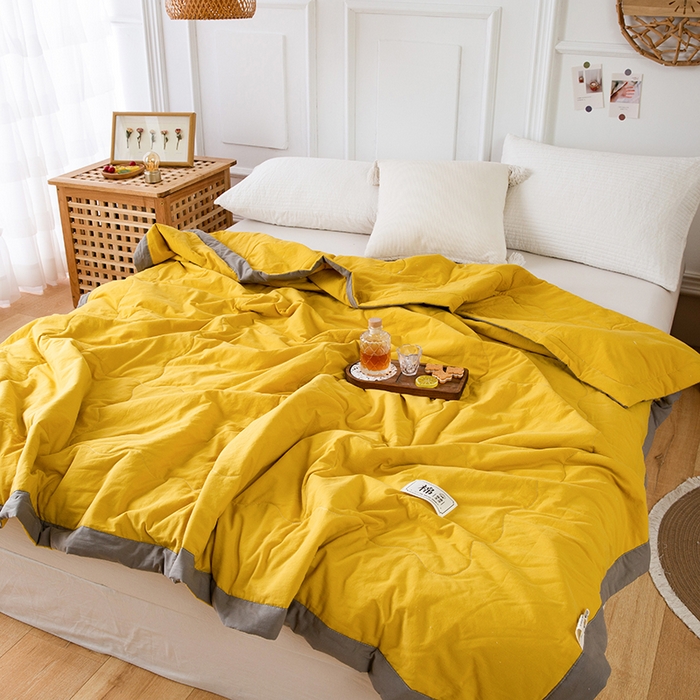 91家纺网 家纺一手货源 找家纺  天瑜 2024全棉夏被棉花芯纯色水洗棉夏凉被可水洗空调被 明亮黄