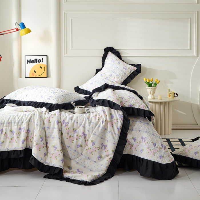 91家纺网 家纺一手货源 找家纺 蝶帕家纺 2025新款法式赫本风韩版花边床盖款夏被四件套 氧气周末