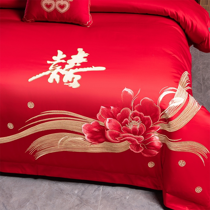 91家纺网 家纺一手货源 找家纺 博之洋婚庆 2025新款全棉长绒棉刺绣新中式婚庆系列多件套一生相守