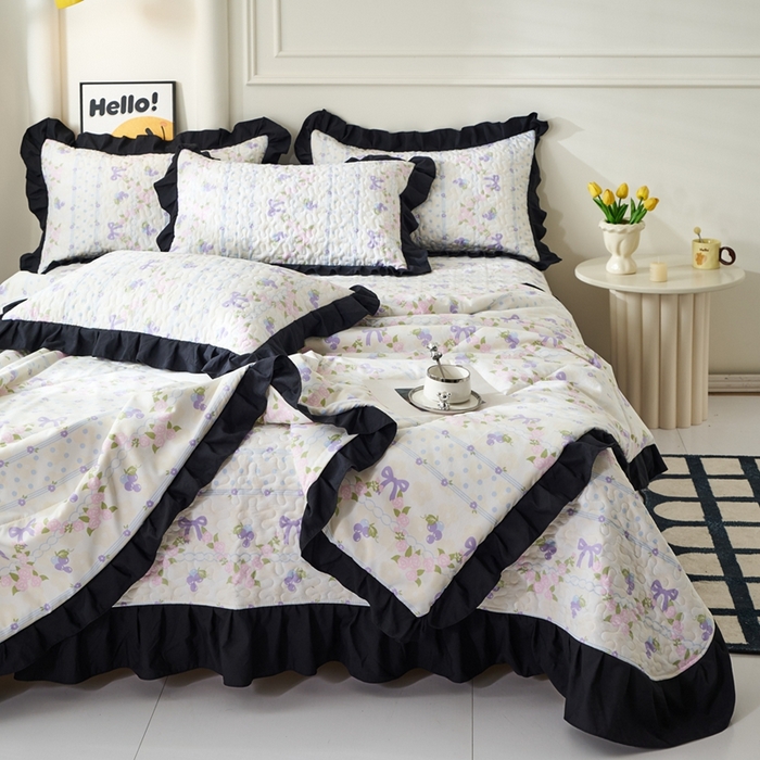 91家纺网 家纺一手货源 找家纺 蝶帕家纺 2025新款法式赫本风韩版花边床盖款夏被四件套 氧气周末