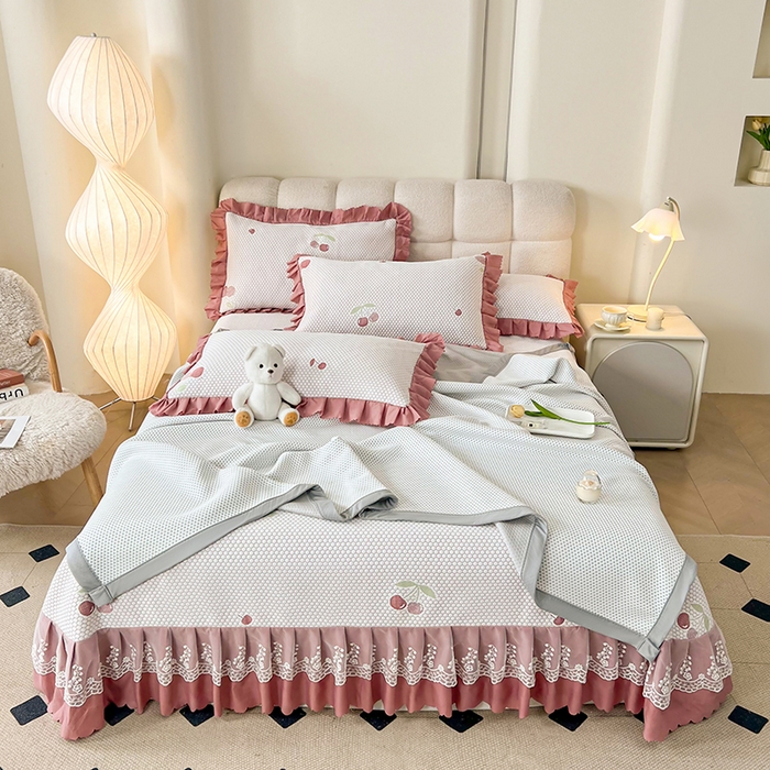 91家纺网 家纺一手货源 找家纺 2025新款A类冰豆豆提花凉席床盖 床盖款-樱桃-豆沙