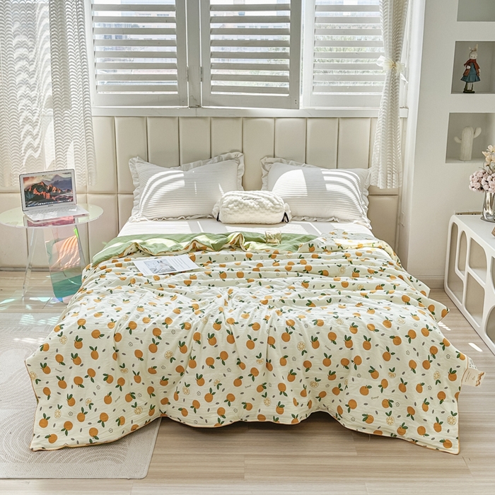 91家纺网 家纺一手货源 找家纺 富艺隆 2025新款A类水洗棉双层纱夏被水洗棉麻空调被直播爆款大豆夏被 小橘子