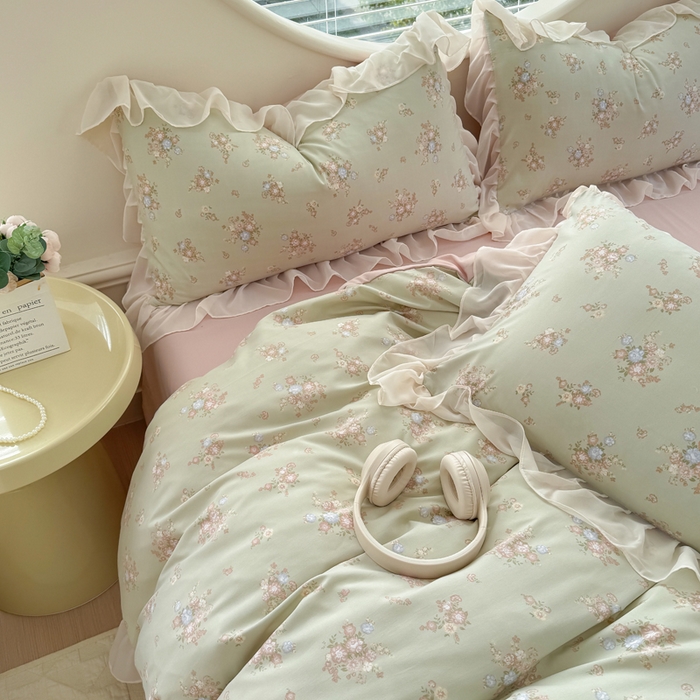 91家纺网 家纺一手货源 找家纺 苏拉家居 2025新款雪纺花边云感提花针织双层纱四件套 茶里茶气