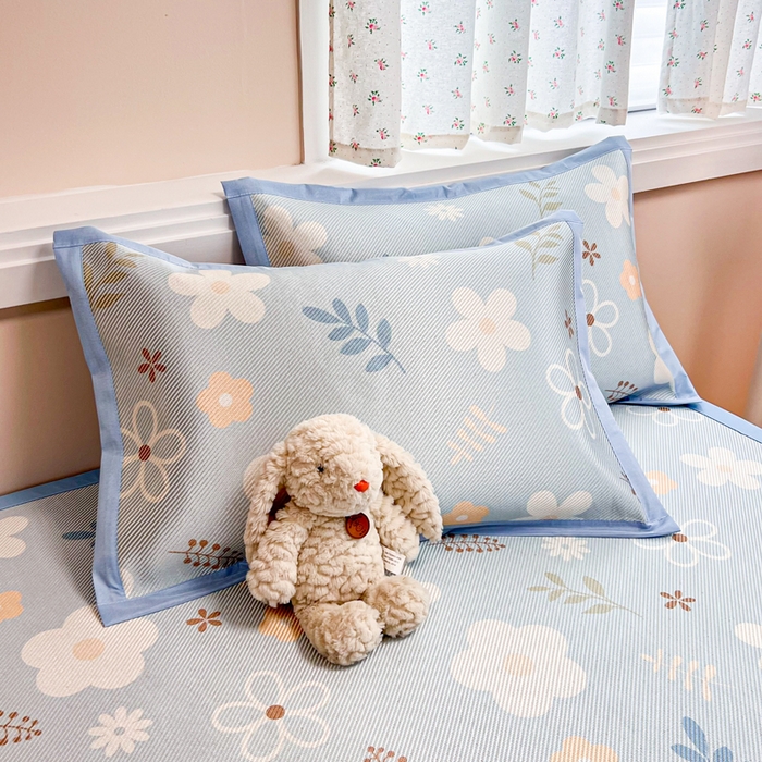 91家纺网 家纺一手货源 找家纺 慕尚家纺 2025新款数码印花床席床笠款冰藤席 床席款-花朵蓝