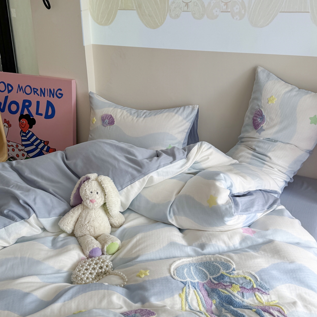 91家纺网 家纺一手货源 找家纺 柚子 2025春夏新款全棉纯棉双层纱毛巾绣四件套 水母