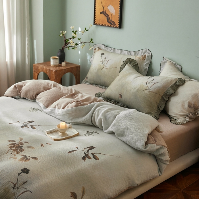 91家纺网 家纺一手货源 找家纺 安莱生活 2025新款全棉精梳棉双层纱绉纱数码印花四件套 烟雨江南-绿