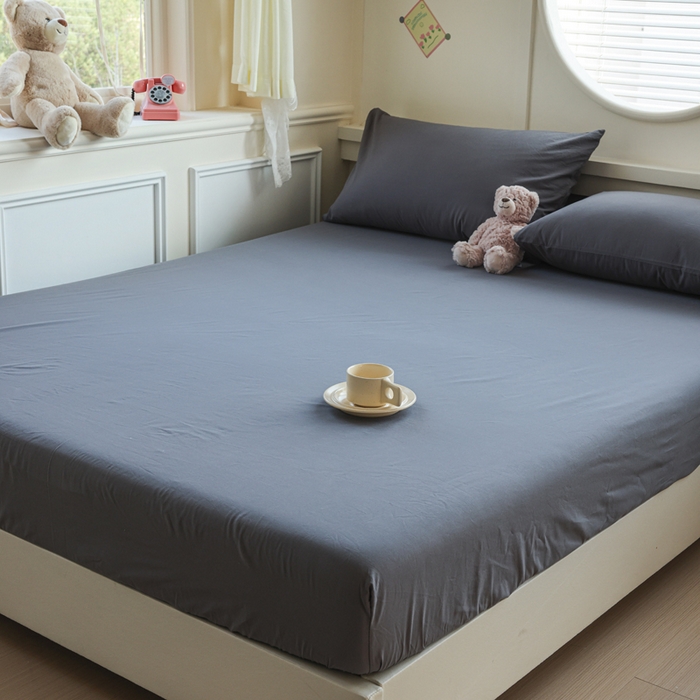 91家纺网 家纺一手货源 找家纺 2025新款全棉A类简约素色水洗棉纯棉单床笠 高级灰