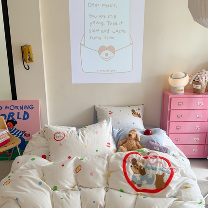 柚子 2025春夏新款全棉纯棉双层纱毛巾绣四件套 苹果狗