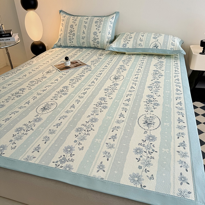 91家纺网 家纺一手货源 找家纺 格真2025新款简约印花冰藤席席子凉席 一路繁花-兰