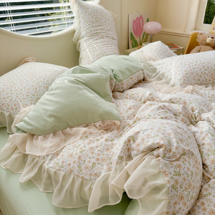 91家纺网 家纺一手货源 找家纺 苏拉家居 2025新款雪纺花边云感提花针织双层纱四件套 繁花