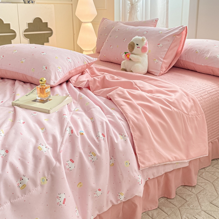 91家纺网 家纺一手货源 找家纺 2025新款针织双层纱夏被床盖四件套单夏被单床盖单品 凯蒂猫