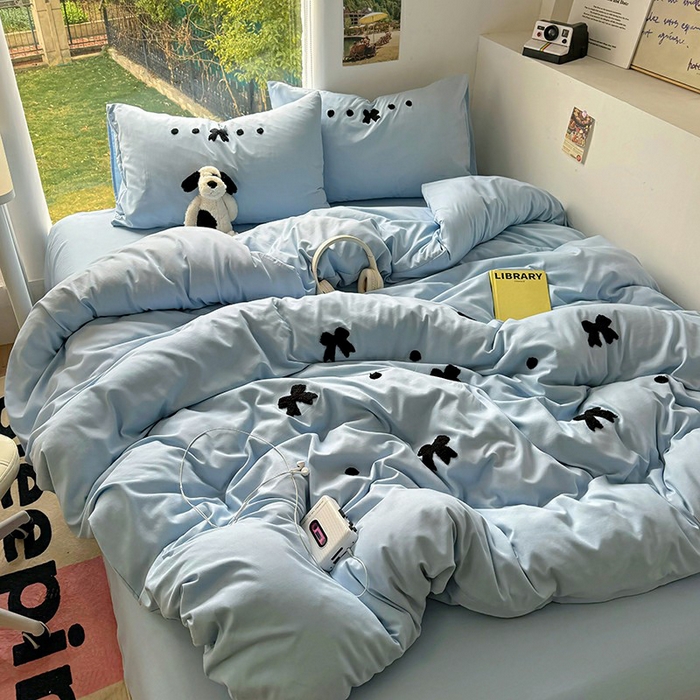 91家纺网 家纺一手货源 找家纺 耀达家居 2025新款A类水洗棉毛巾绣四件套 蝴蝶结-蓝