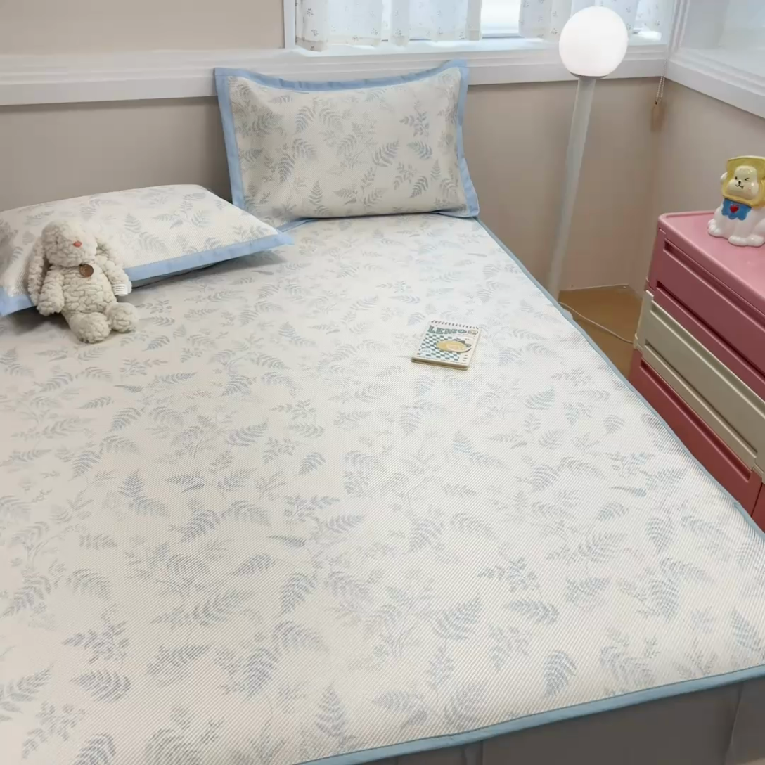 91家纺网 家纺一手货源 找家纺 慕尚家纺 2025新款数码印花床席床笠款冰藤席 床笠款-土豆叶