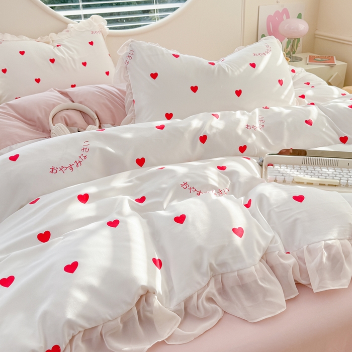 91家纺网 家纺一手货源 找家纺 苏拉家居 2025新款雪纺花边云感提花针织双层纱四件套 爱你哟