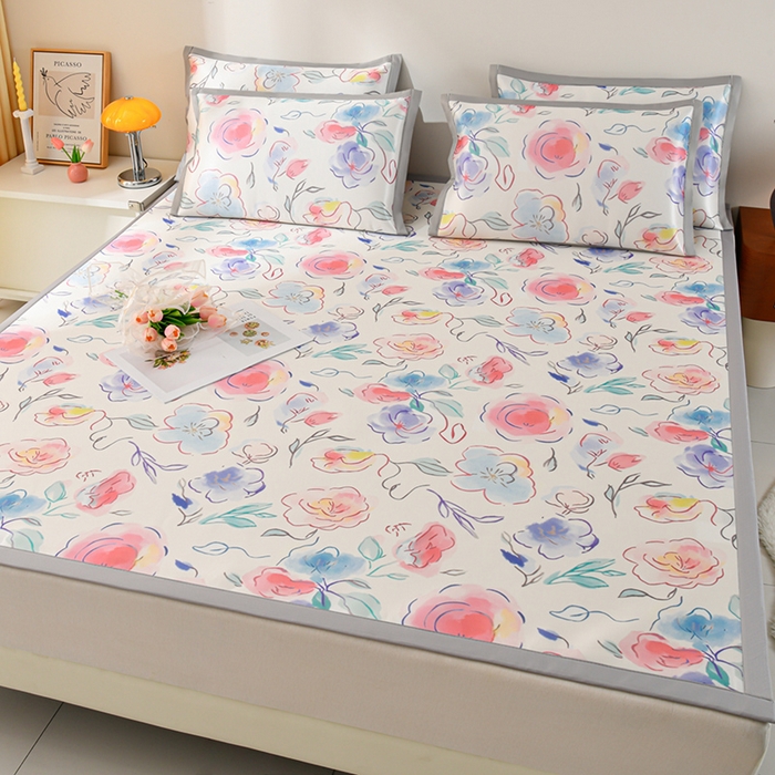 91家纺网 家纺一手货源 找家纺 简一 2025新款A类碳光印花数码冰丝凉席系列-床单款 玫瑰乐园