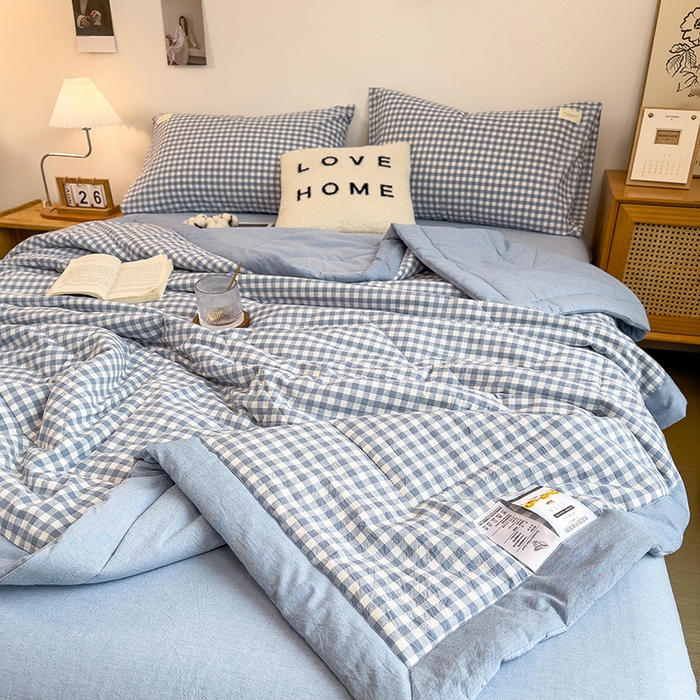 91家纺网 家纺一手货源 找家纺 宝士康家纺 2025新款10A抗菌无印风夏被 被子被芯 天蓝小格